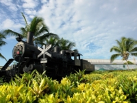 Old steam train in the hotel entrace