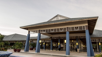 Panoramic hotel entrance view